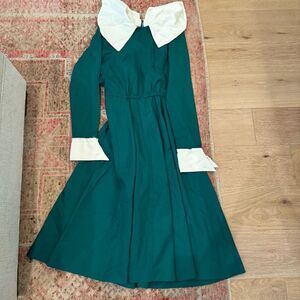 Vintage Women’s Green Peter Pan Cotton Dress White Collar No Sz